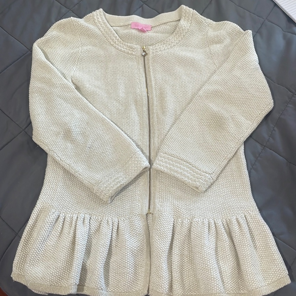 Lilly Pulitzer Karla Peplum Zip Up Sweater size L;Oatmeal color with gold flecks